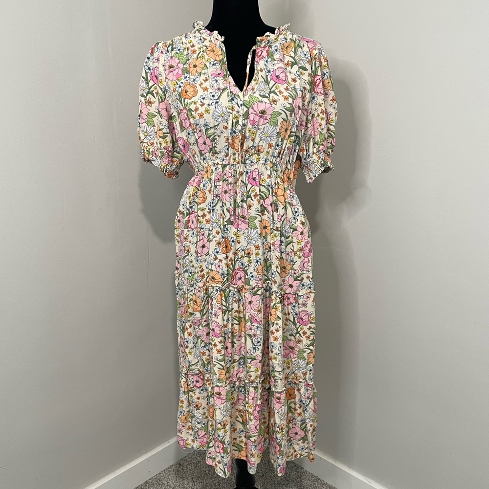 Who What Wear Colorful Floral Tiered Cottage Core Midi Dress